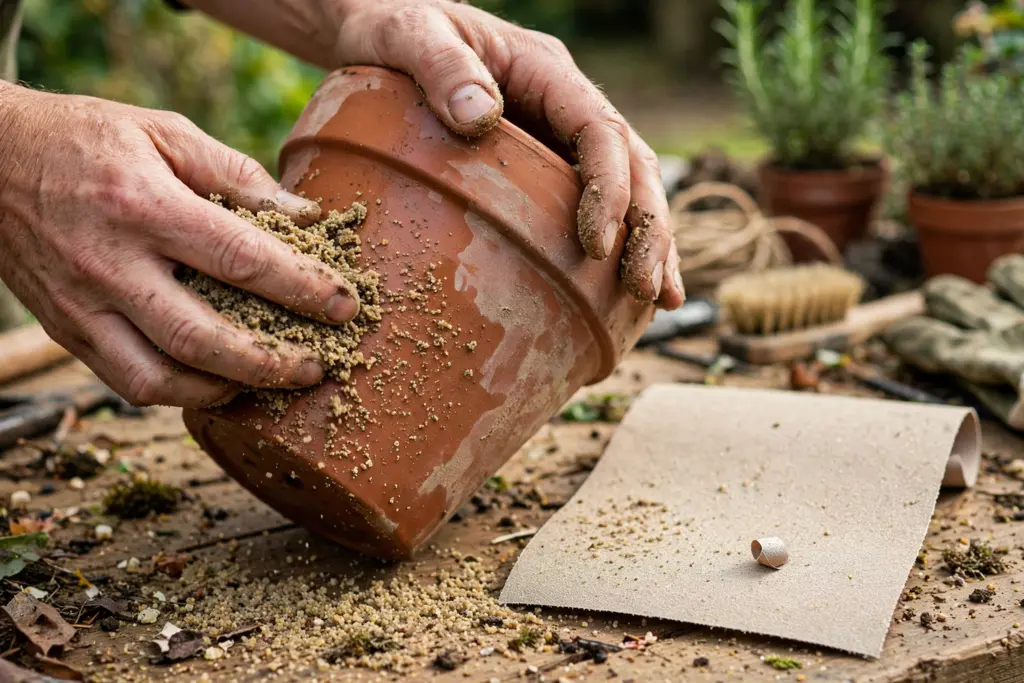 Hands rubbing coarse sand over a washed terracotta pot beside sandpaper.