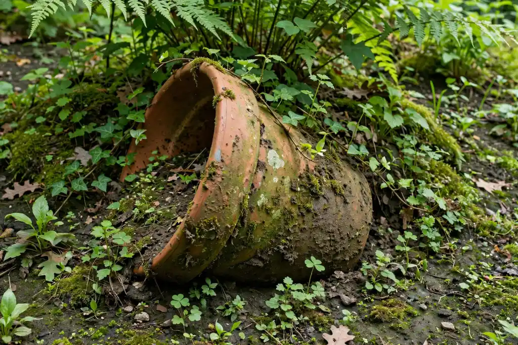 Terracotta pot half buried on its side in shaded garden soil.