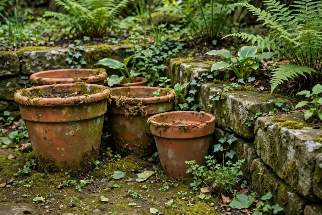 Aged terracotta pots grouped in a shaded garden bed beside weathered stone.