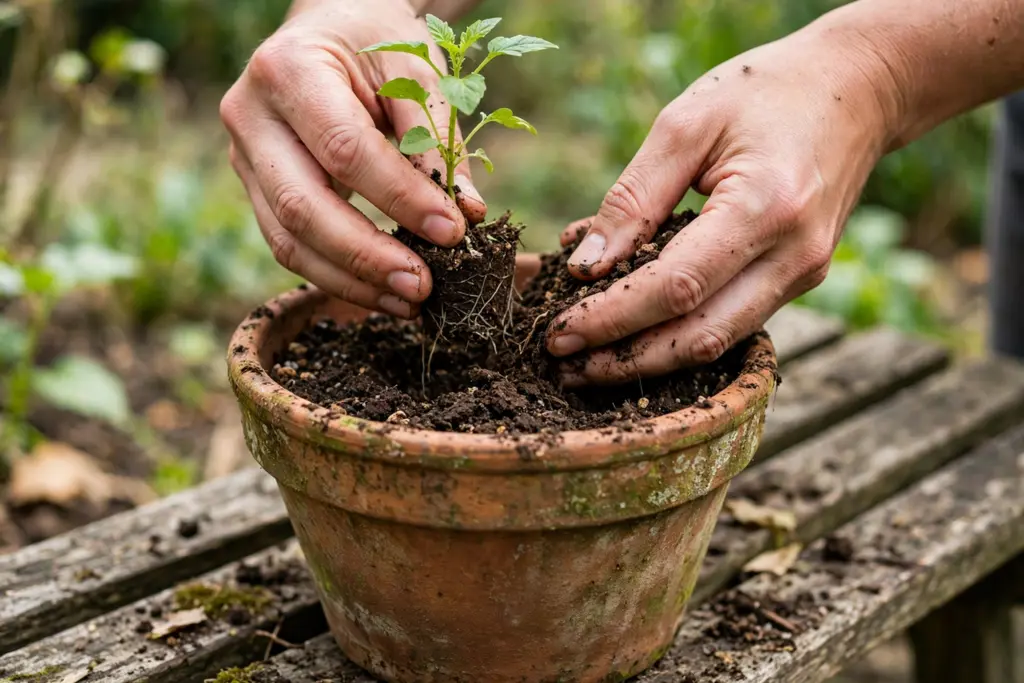 Hands planting a green plant into an aged terracotta pot with potting mix.