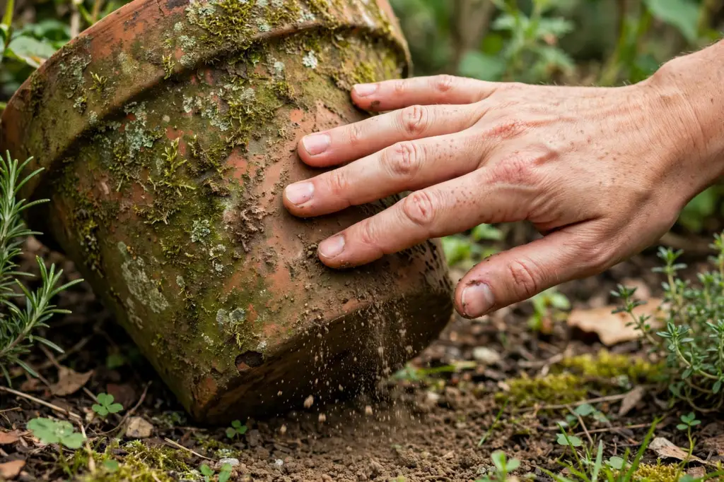 Hand lightly brushing loose dirt off an aged mossy terracotta pot.