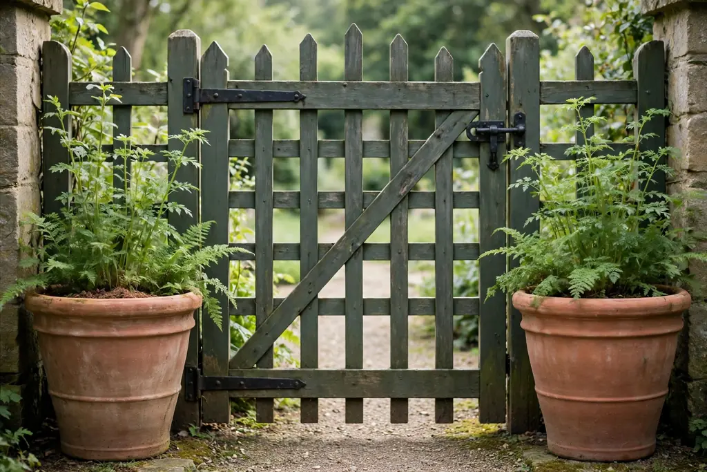 Matching pair of large terracotta pots with green plants flanking a garden gate.