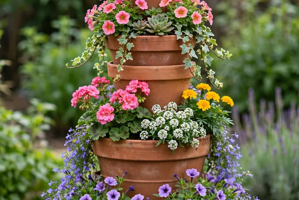 Tiered tower of stacked terracotta pots planted with trailing and compact flowers.