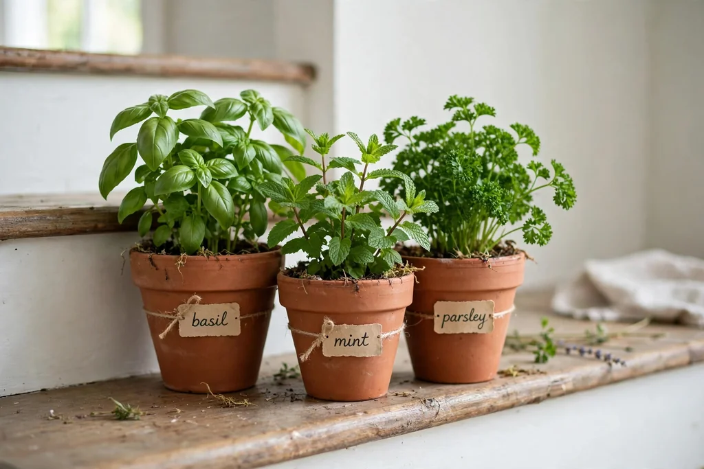 Cluster of terracotta herb pots by a kitchen step with basil, mint, and parsley.