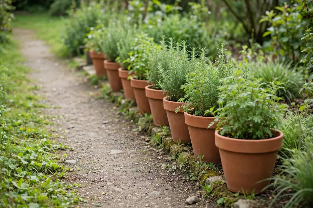Row of terracotta pots with matching plants lining one side of a garden path.