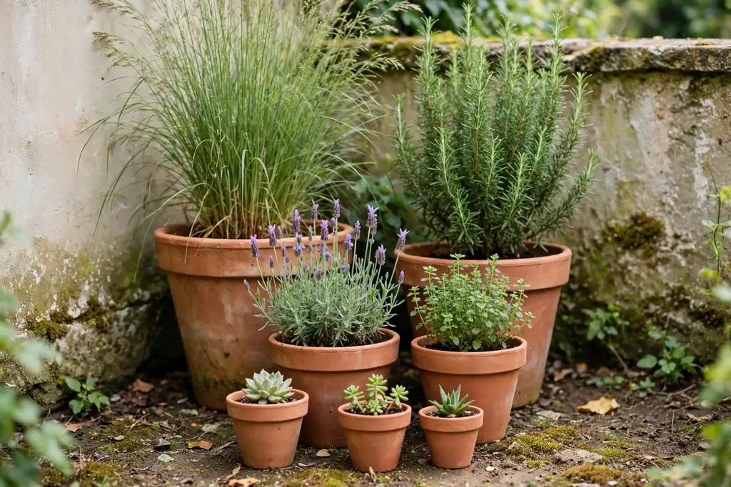 Mixed size group of terracotta pots in a garden corner with tall plants at the back.