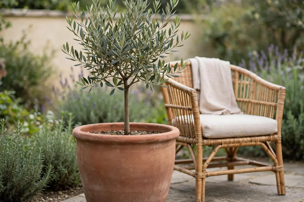 One small tree in a large terracotta pot as a garden anchor near a seating area.