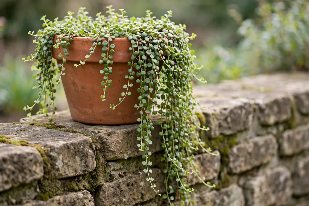 Trailing plants spilling over the rim of a terracotta pot on a garden wall.