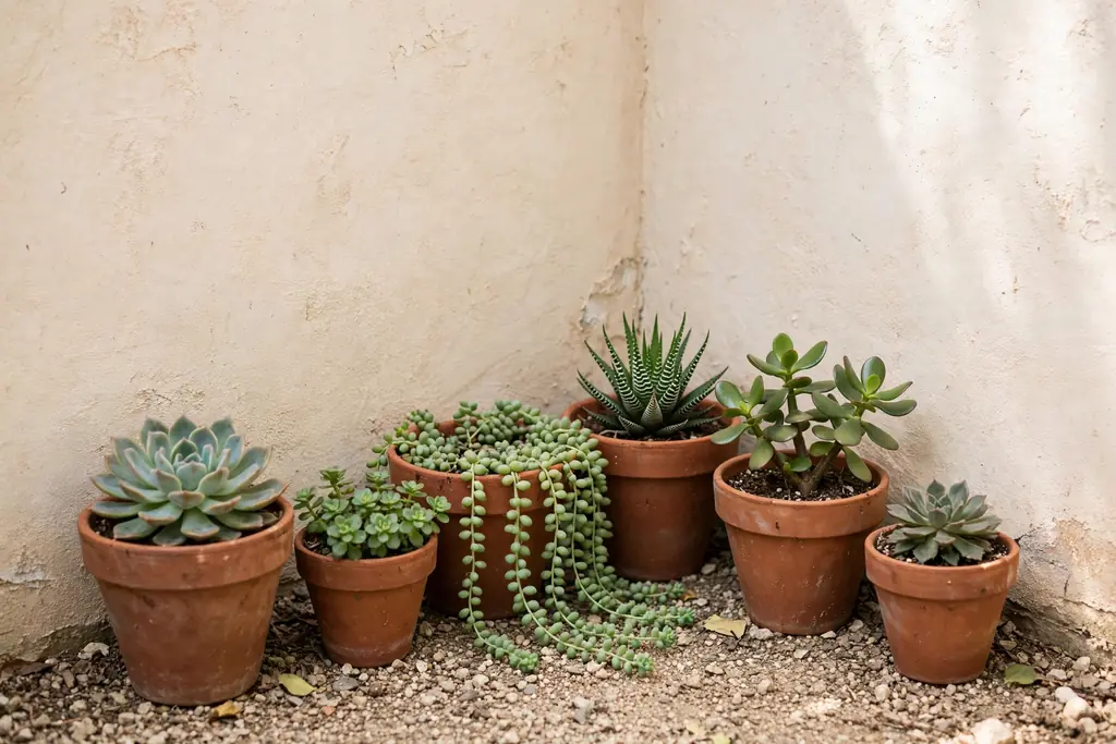 Collection of succulents in terracotta pots in a dry sunny garden corner.