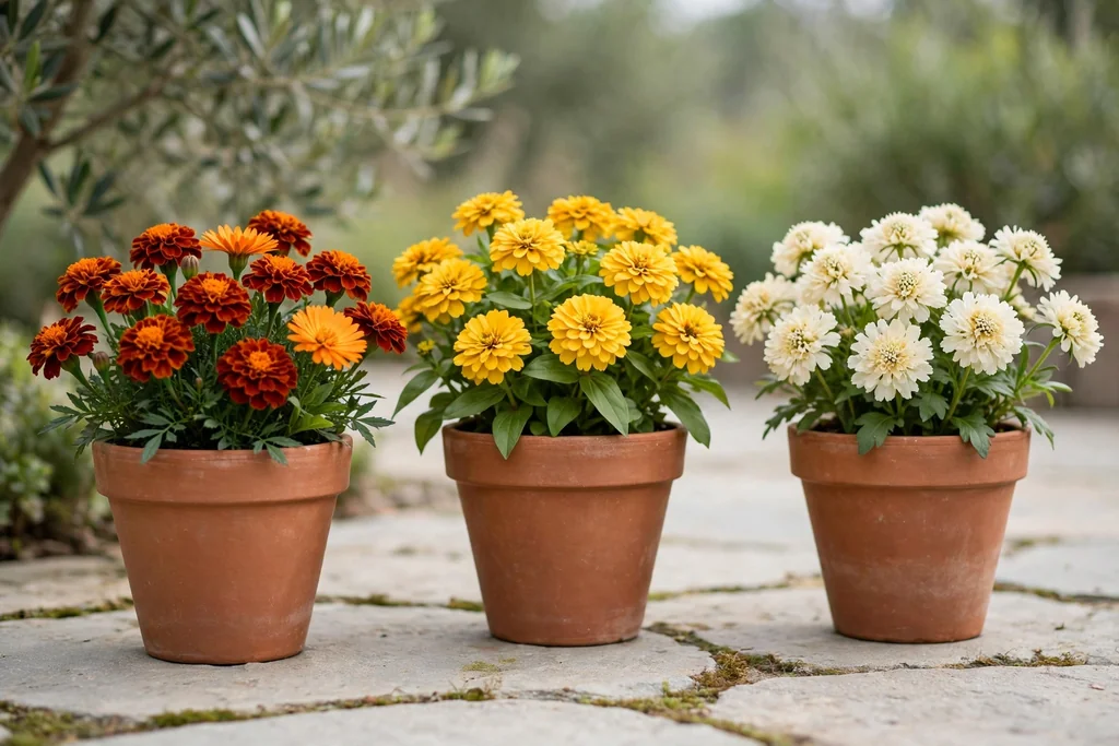 Terracotta pots with bright seasonal flowers in rust, gold, and cream tones on a patio.