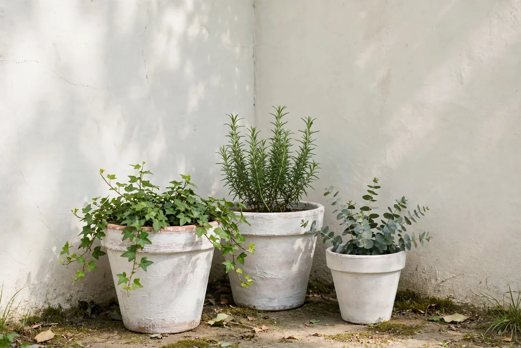 Whitewashed terracotta pots with green plants in a light shaded garden corner.