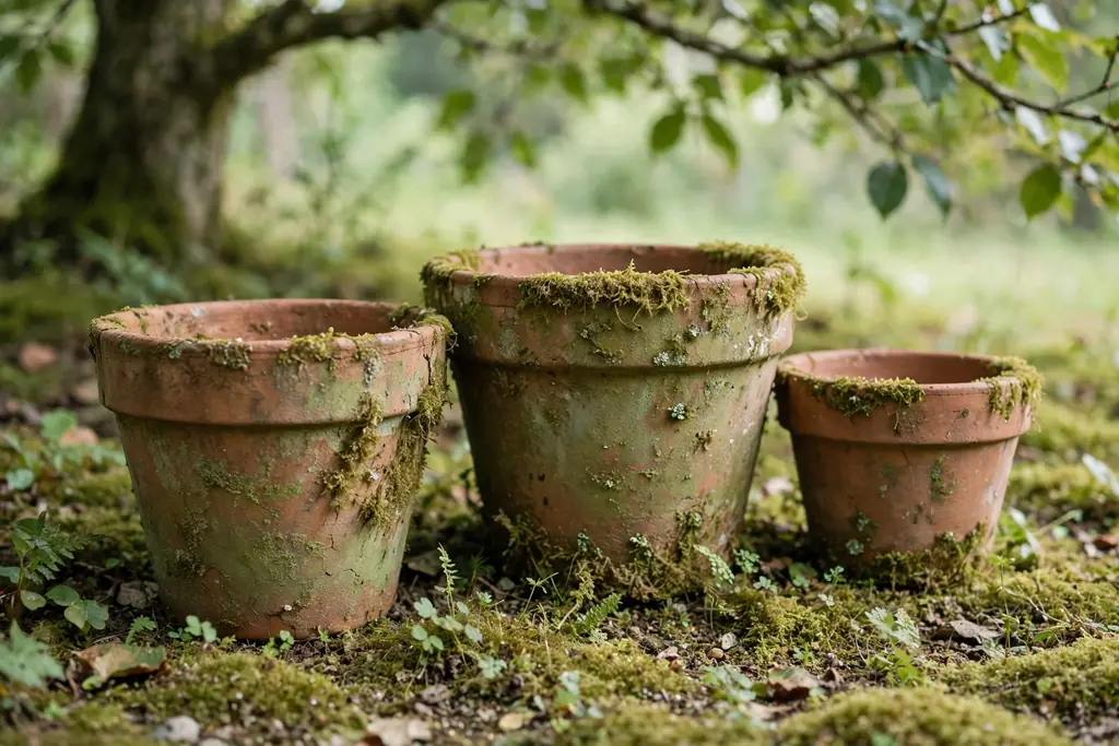 Weathered terracotta pots with a soft moss patina in a sheltered spot under a tree.