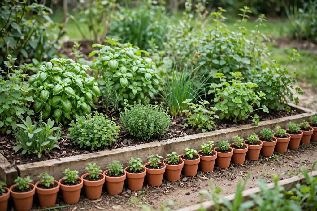 Low border of small terracotta pots along the edge of a garden bed.