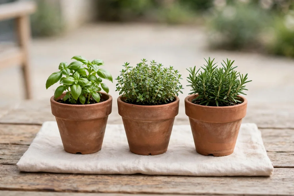 Three small terracotta pots as a centerpiece on a patio table with compact herbs.
