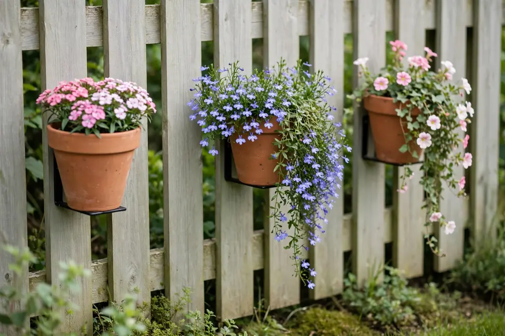 Terracotta pots mounted on brackets on a garden fence with compact and trailing flowers.