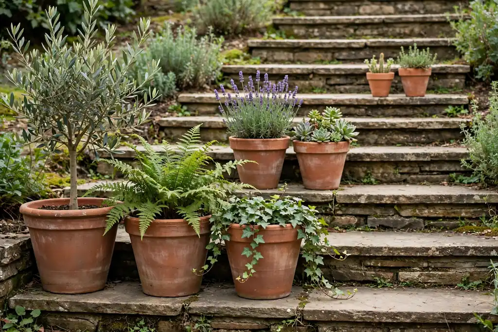Terracotta pots staged on garden steps and a plant shelf with larger pots low.