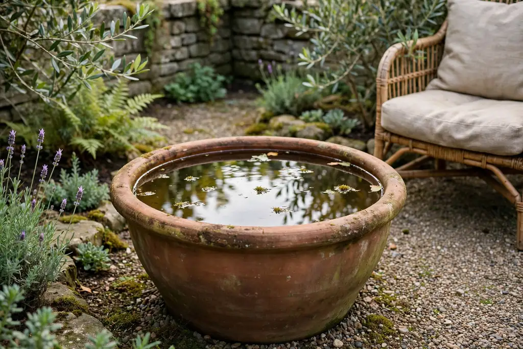 Large terracotta pot used as a still water bowl in a calm garden corner.