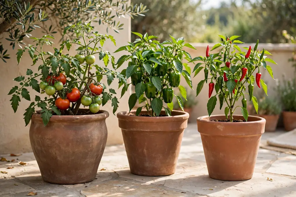 Large terracotta pots with tomato and pepper plants on a sunny patio.