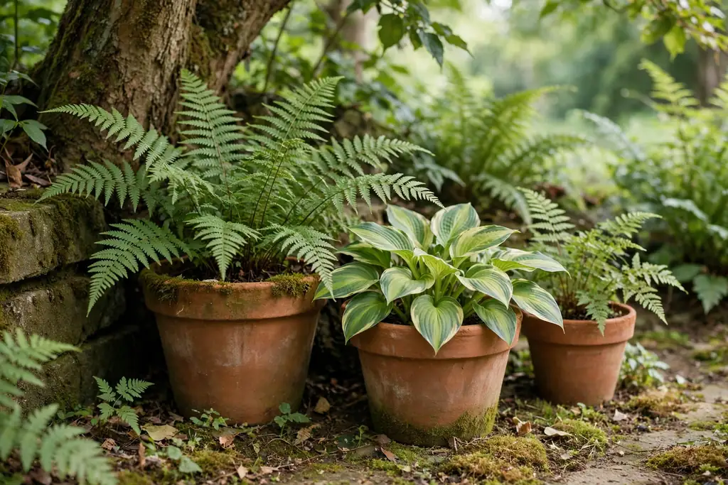 Terracotta pots with ferns and hostas in a shaded garden corner under a tree.