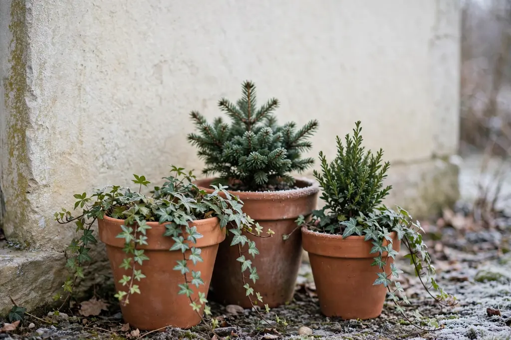 Winter group of terracotta pots with small evergreens and ivy near a house wall.
