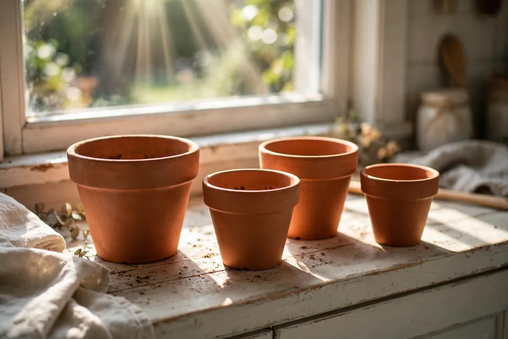 Sunny kitchen windowsill with empty terracotta pots ready for herbs.