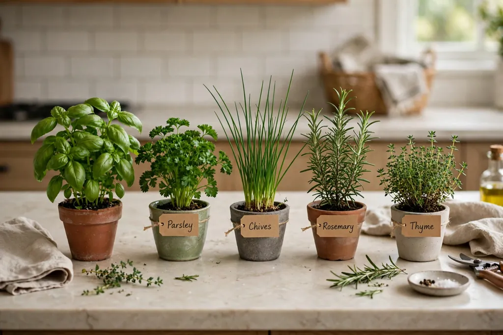 Fresh herb plants including basil, parsley, chives, rosemary, and thyme on a counter.
