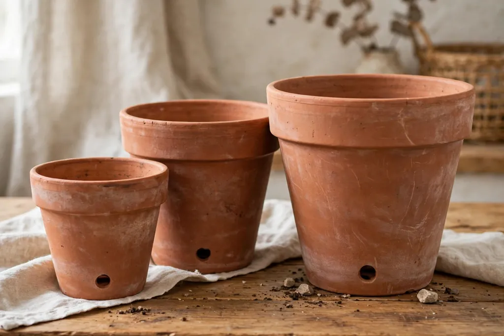 Terracotta pots in small, medium, and large sizes grouped on a table.