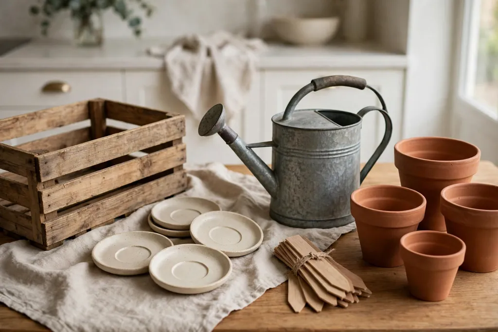 Saucers, a wooden crate, plant labels, and a watering can beside terracotta pots.