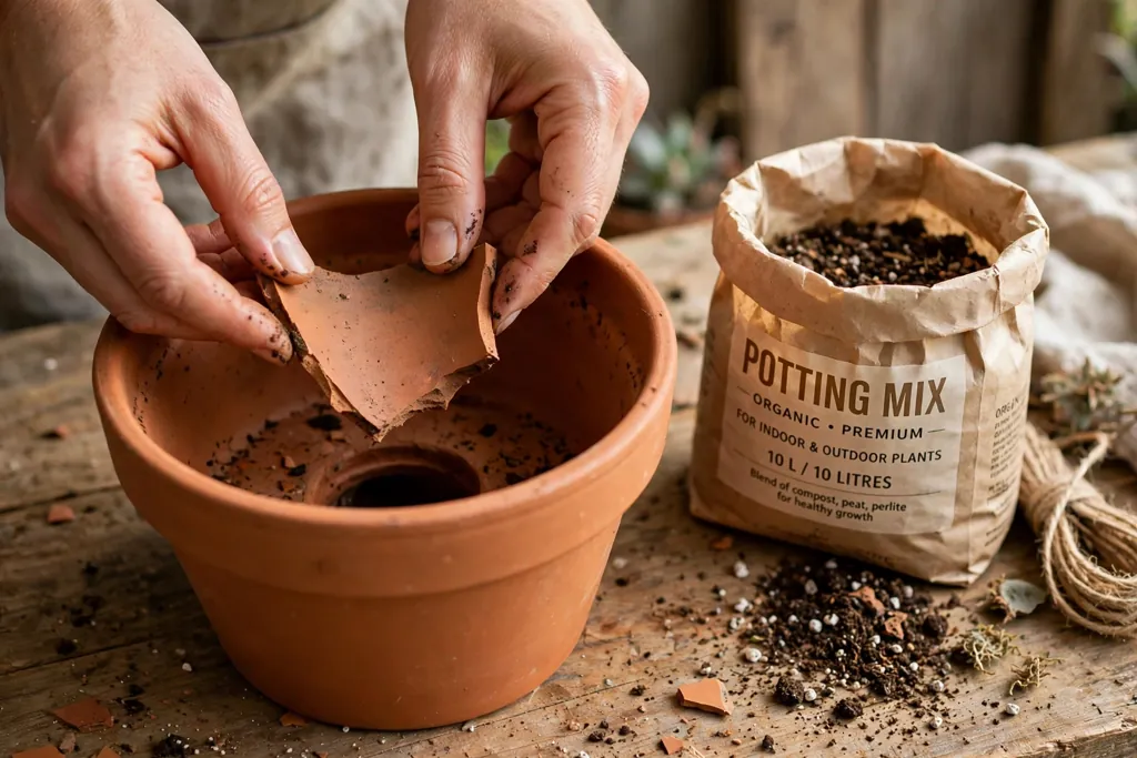 Placing a broken pot piece over the drainage hole of a terracotta pot.