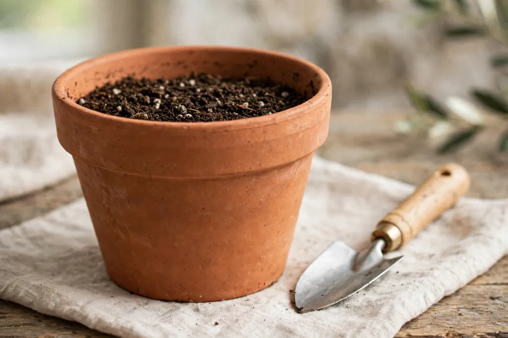Terracotta pot filled with damp potting mix below the rim.