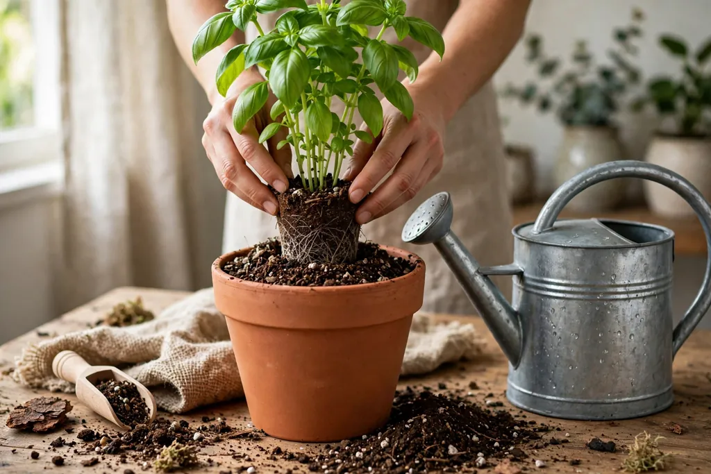 Planting a basil plant into a terracotta pot.