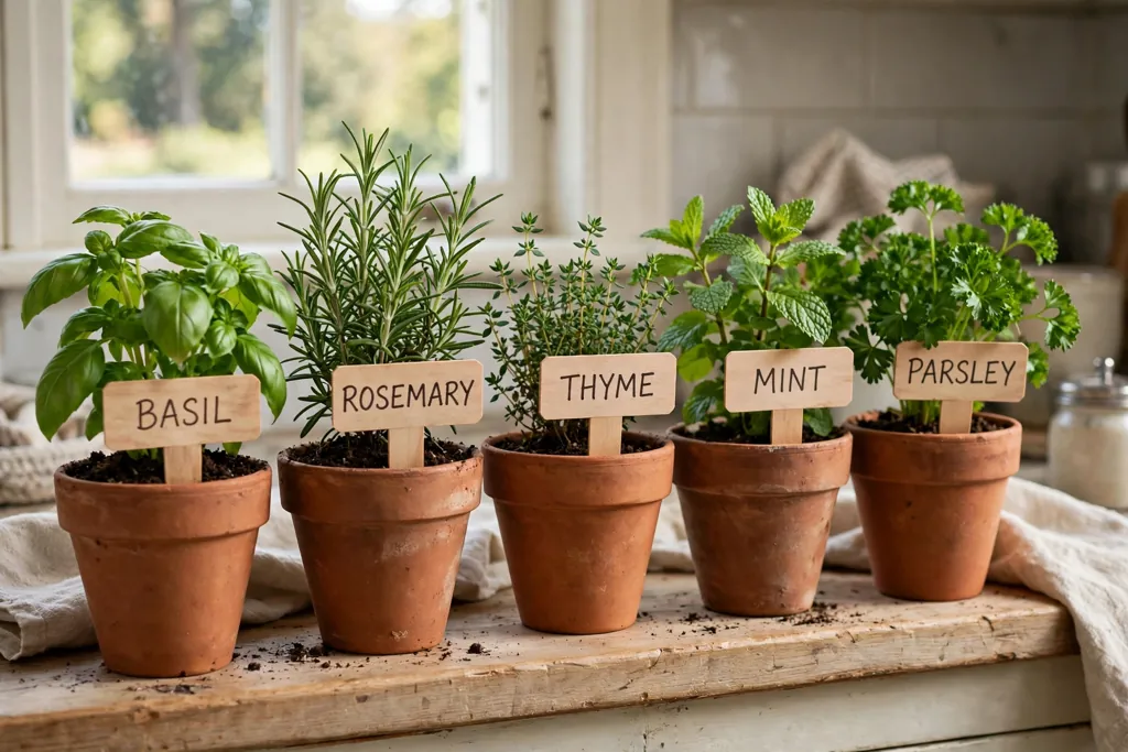 Wooden plant labels in terracotta herb pots facing outward.