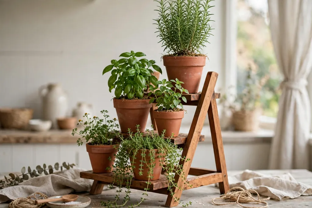 Terracotta herb pots arranged by height on a tiered stand.