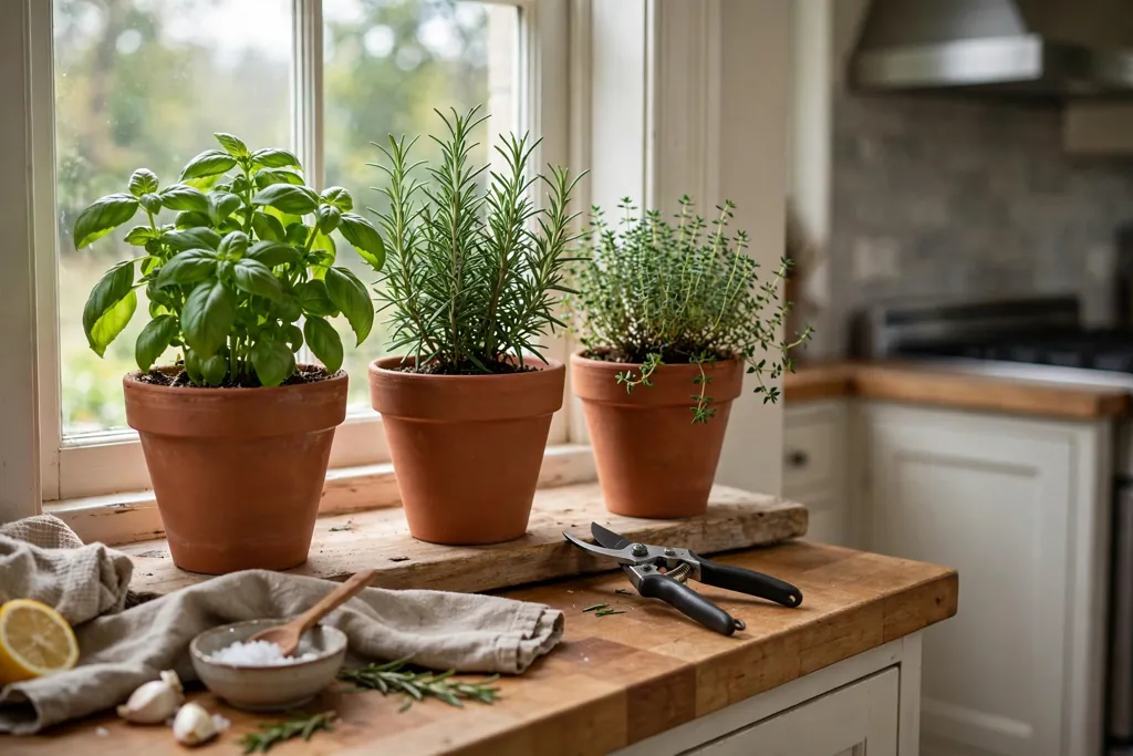 Terracotta herb pots on a kitchen windowsill near a cooking counter.