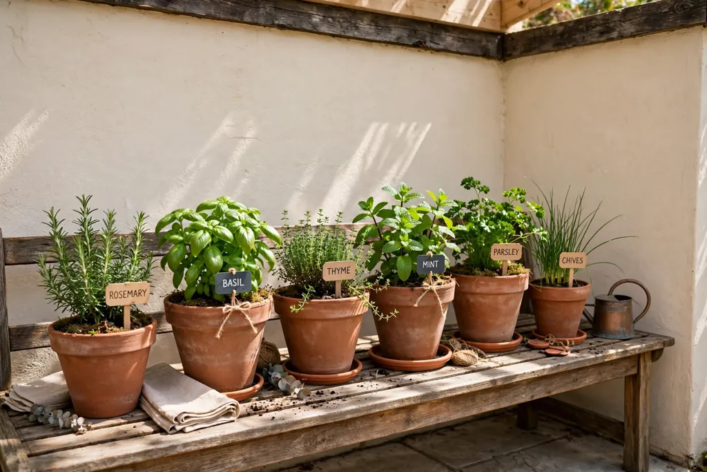 Terracotta herb pots on a sunny patio bench against a wall.