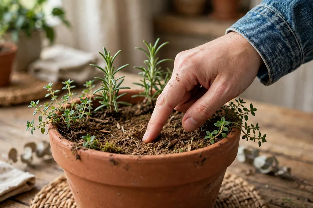 Checking soil moisture with a finger in a terracotta herb pot.