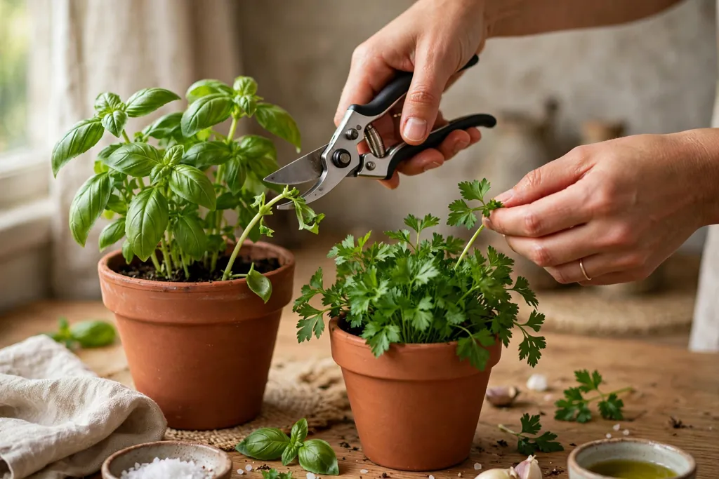 Snipping fresh basil and parsley from terracotta pots for cooking.