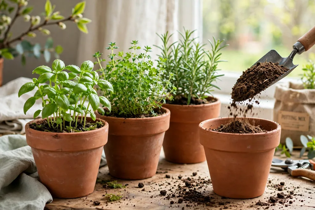 Refreshed terracotta herb pot display in spring light with new growth.