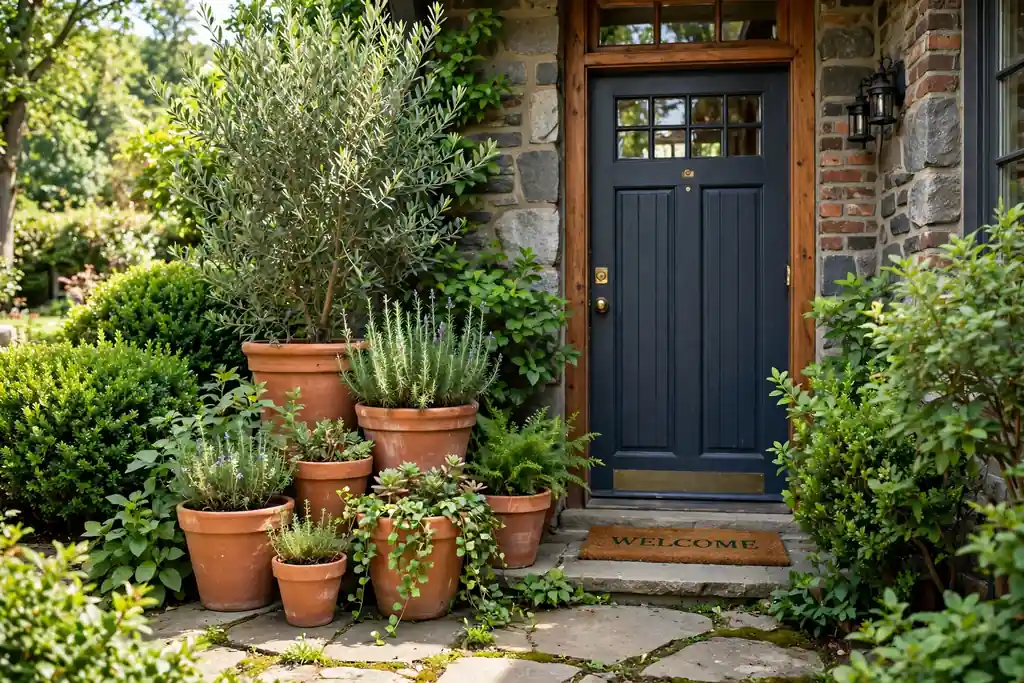 Terracotta pots of varied heights clustered beside a front door.