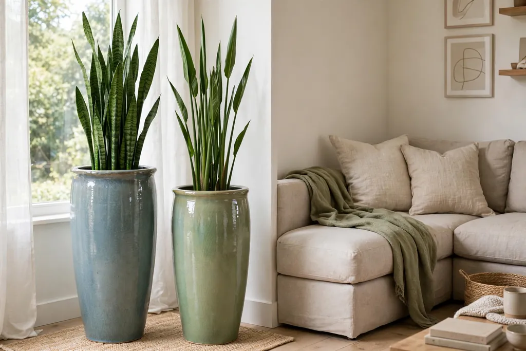 Tall glazed ceramic planters with upright plants in a living room corner.