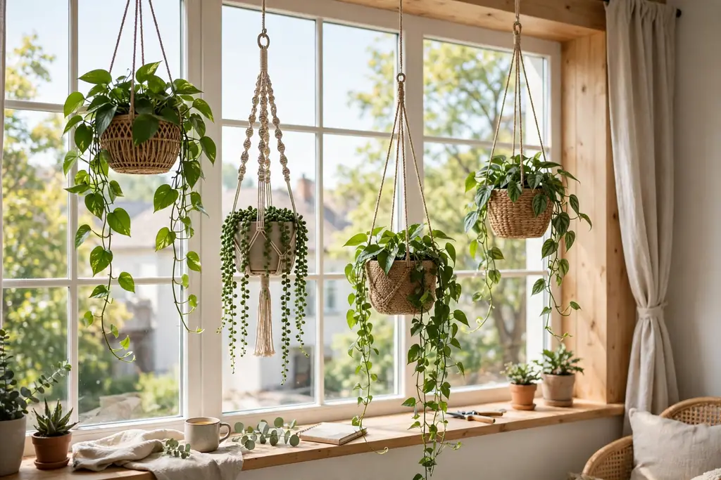 Hanging planters with trailing plants in front of a bright window.