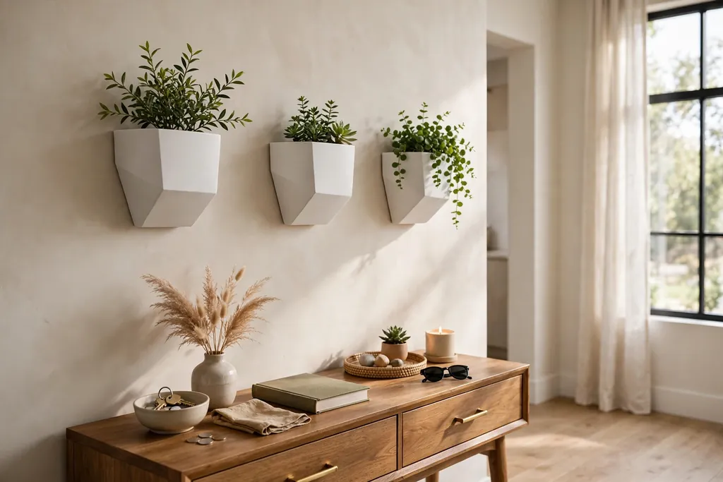 Wall mounted planters with small plants above a hallway console table.