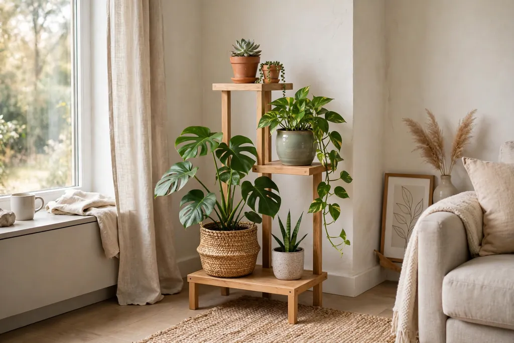 Tiered plant stand with potted plants at different heights in a corner.