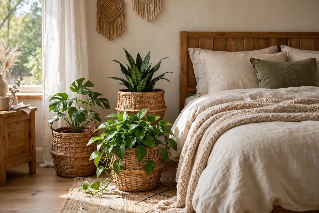 Woven basket planters with houseplants beside a bed in a bedroom.