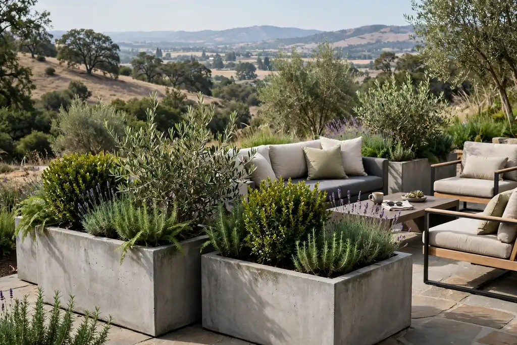 Large concrete planters with shrubs beside patio seating.