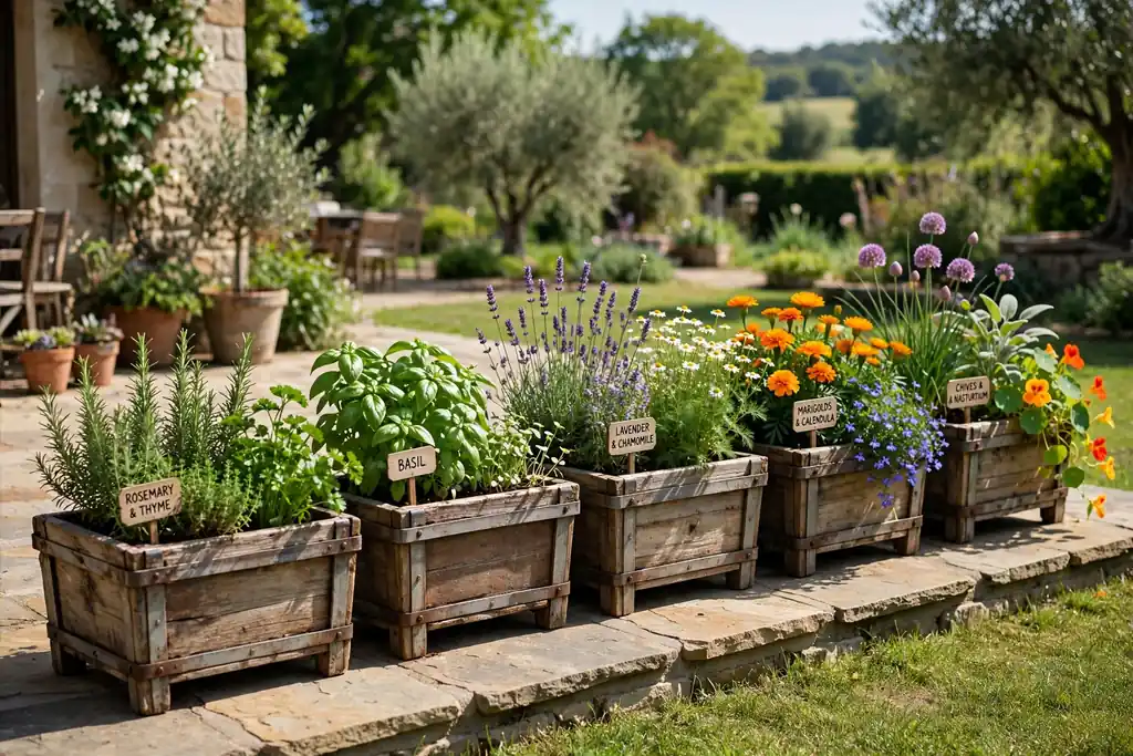 Wooden trough planters with herbs and flowers along a patio edge.