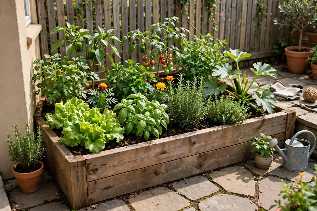Raised wooden planter bed with vegetables and herbs on a patio.