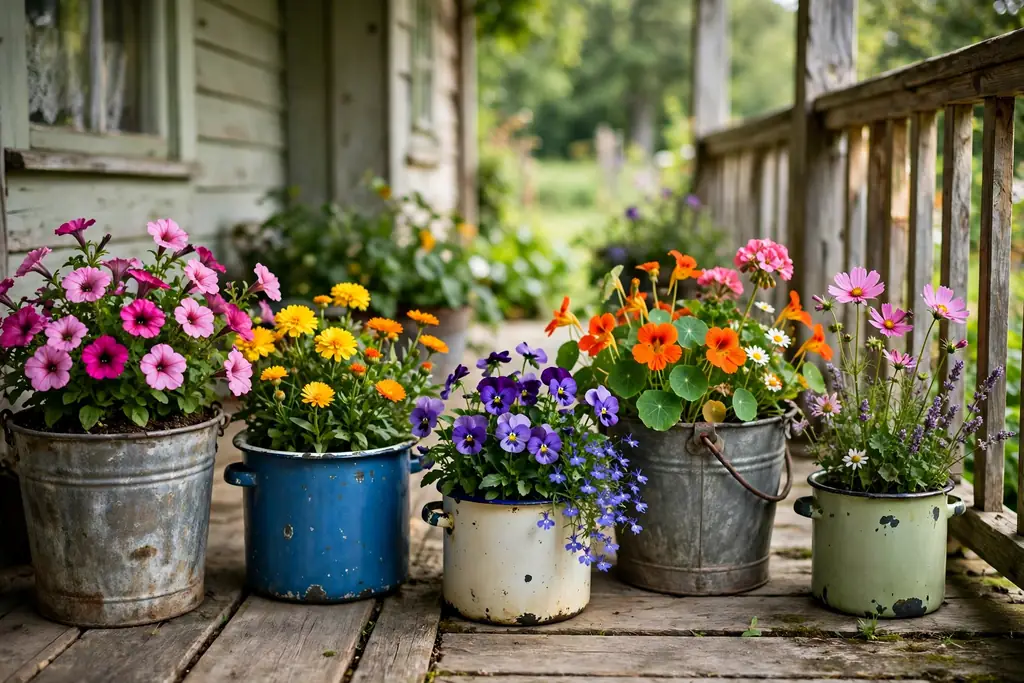 Vintage metal buckets planted with flowers on a porch.