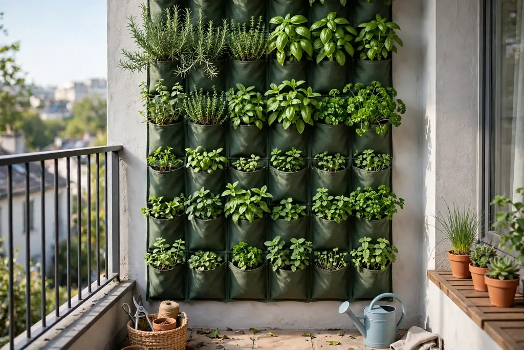 Vertical pocket planter wall with herbs on a balcony wall.