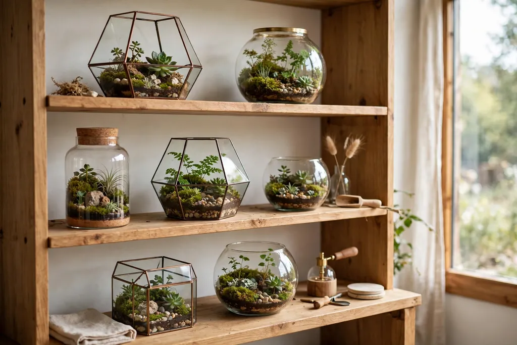 Glass terrarium planters with small plants on open shelving.